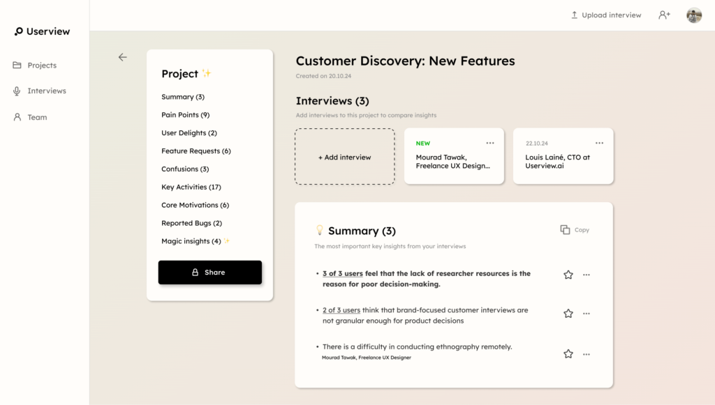 A screenshot of Userview's user interview analysis results