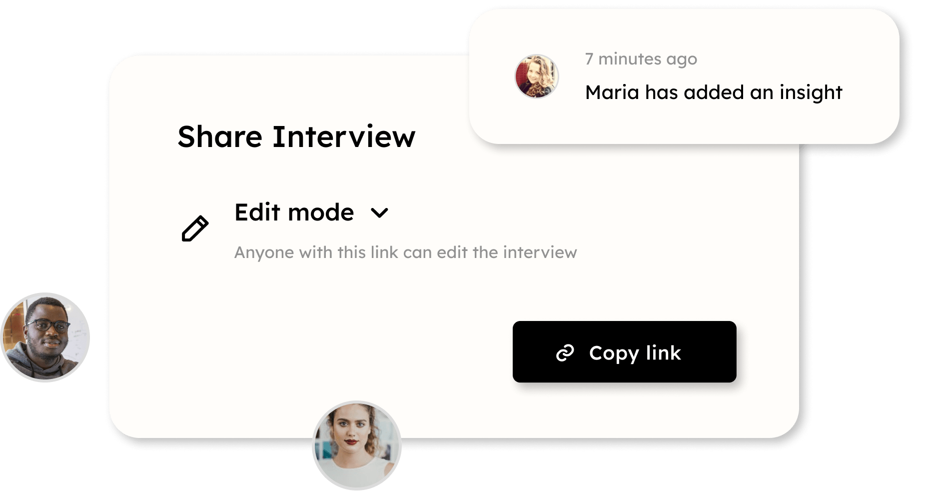 Userview sharing popup with different modes including private, visible and editable. Notification of another user interacting with an interview.