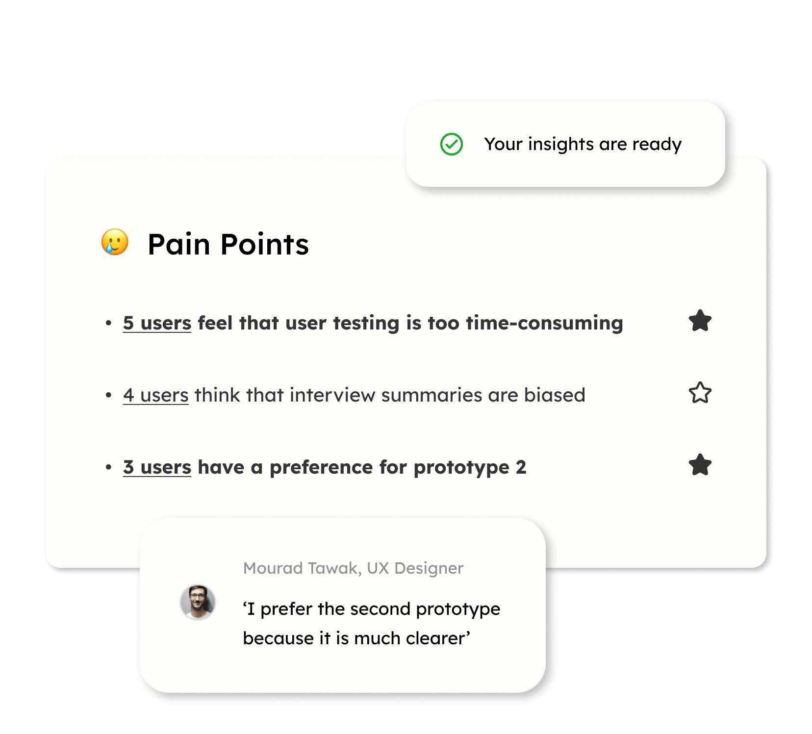 Userview interview analysis results with a user quote from the transcript